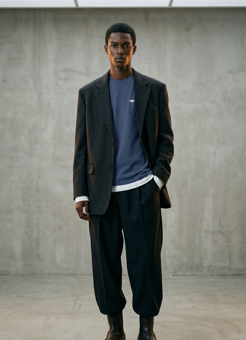 Man wearing a dark suit and blue shirt in a minimalistic room.