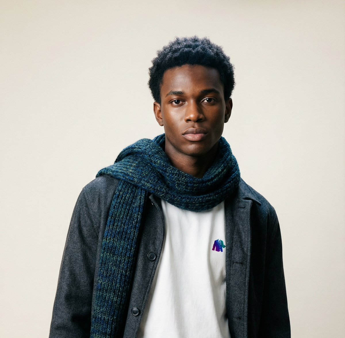 Man wearing a dark jacket, white shirt with a logo, and dark scarf against a beige background