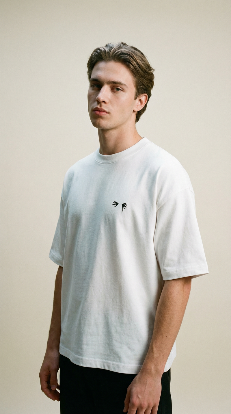 Man wearing a white t-shirt with a small logo on a beige background